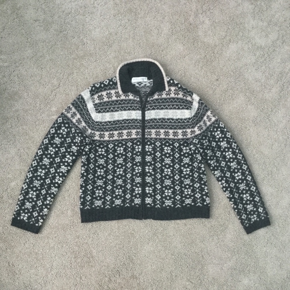 Valerie Stevens Fur Blend Grey Patterned Zip Up Jacket Sweater Size Med